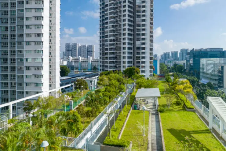 Green roofs installed on commercial buildings.